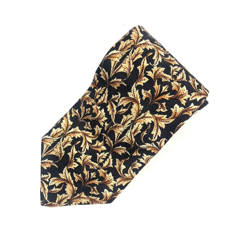 Guy Laroche Paris Silk Tie Black Gold Baroque Acanthus Leaf Scroll Made in Italy